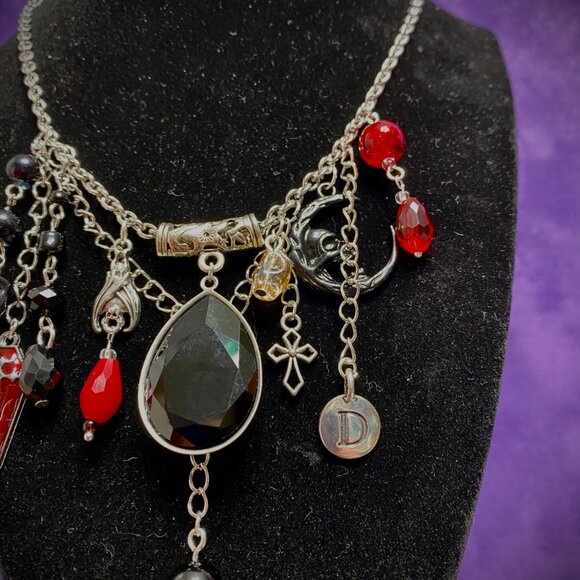 Goth Girl Trendy Charm Necklace Pagan--Witchy Vibes--Silver Bat Red Coffin - Picture 2 of 6